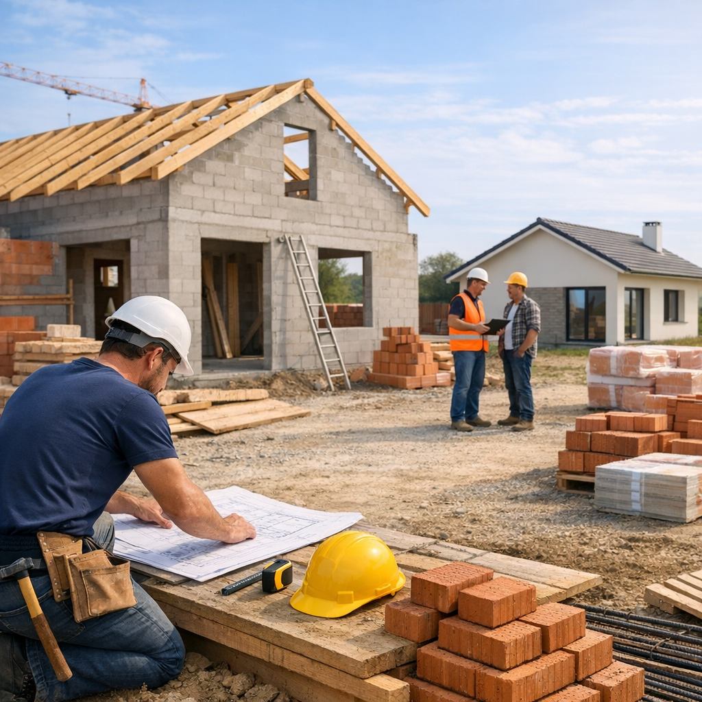 A construction worker examines blueprints on the ground while two colleagues discuss plans near a house under construction.