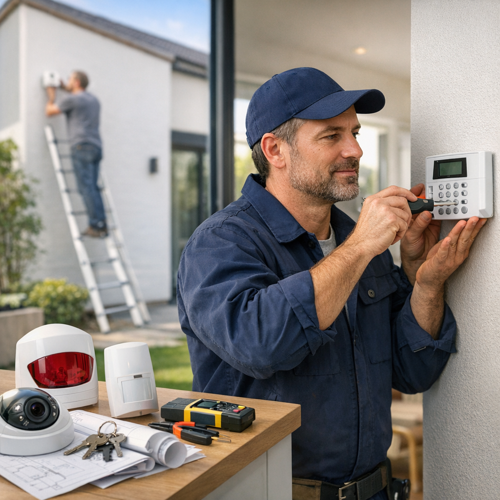 A technician installs a security keypad on a wall while another worker mounts a camera on a ladder in the background.