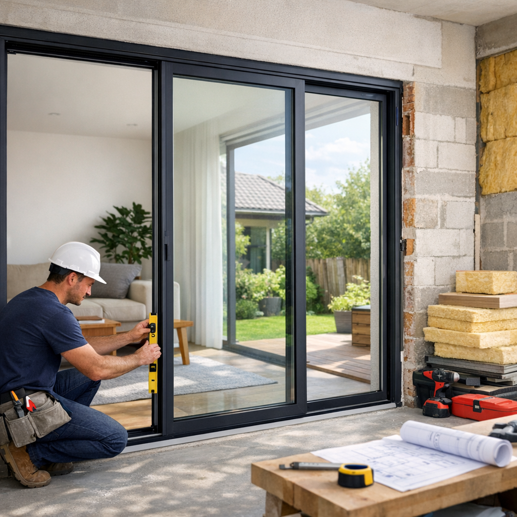 A construction worker in a hard hat uses a level on a sliding glass door frame in an unfinished room with a view of an outdoor patio.
