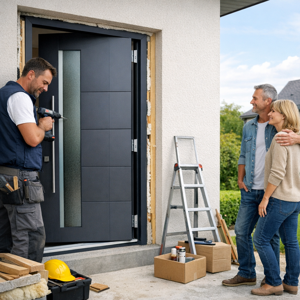 A contractor is installing a modern door while a couple stands nearby, smiling and observing.