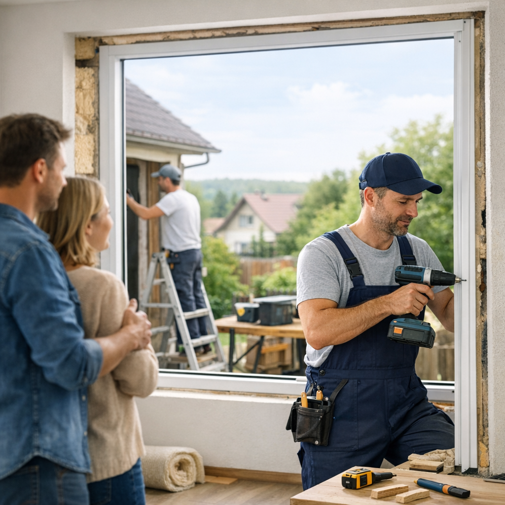 A contractor installs a window while a couple observes from inside the house, with another worker visible outside on a ladder.