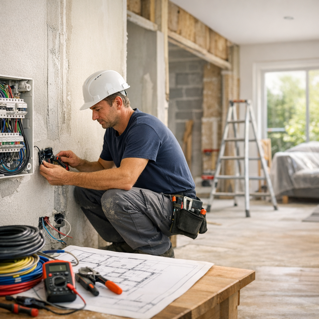 A male electrician in a hard hat crouches while working on an electrical panel in a partially renovated room, with tools and blueprints on a wooden table nearby.
