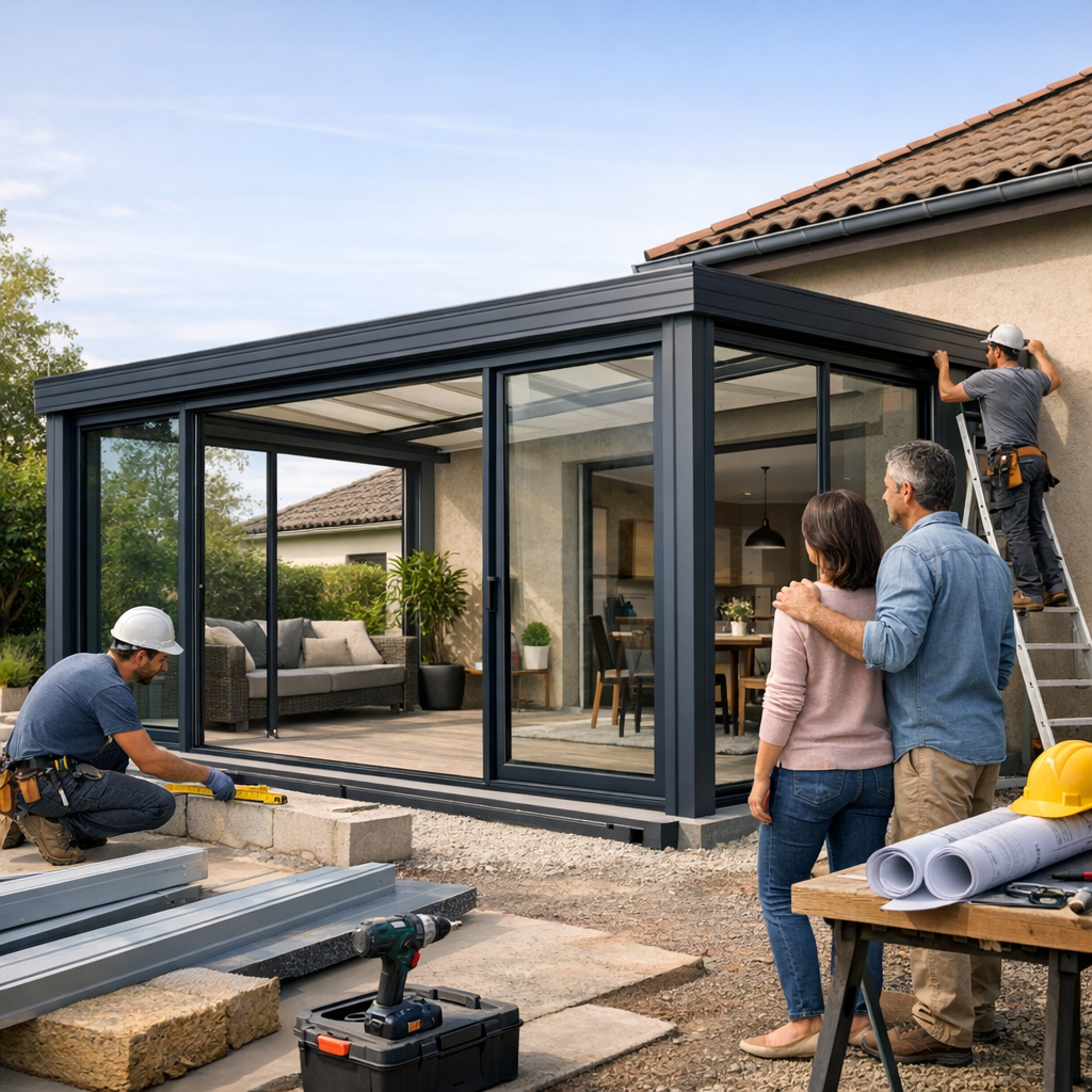 A couple watches as a construction worker installs a glass extension on their house, with tools and building materials nearby.