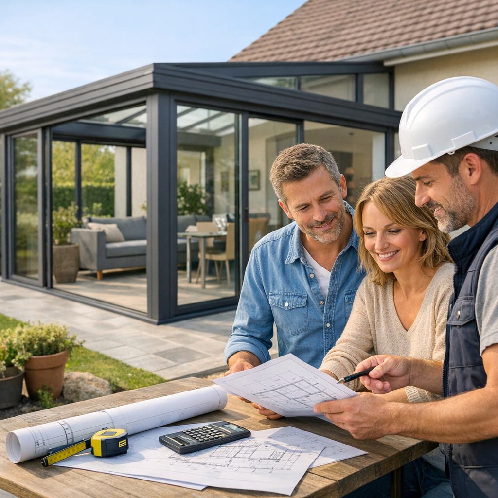 Three people, two men and one woman, discuss building plans at a table outside a modern glass structure.