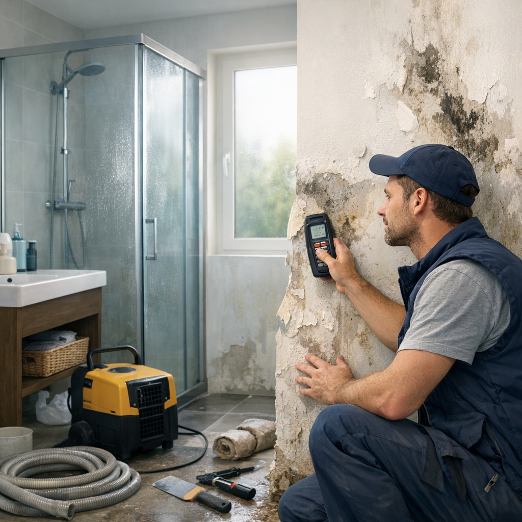 A man measures moisture levels on a damaged wall in a bathroom with a shower and various tools and equipment nearby.