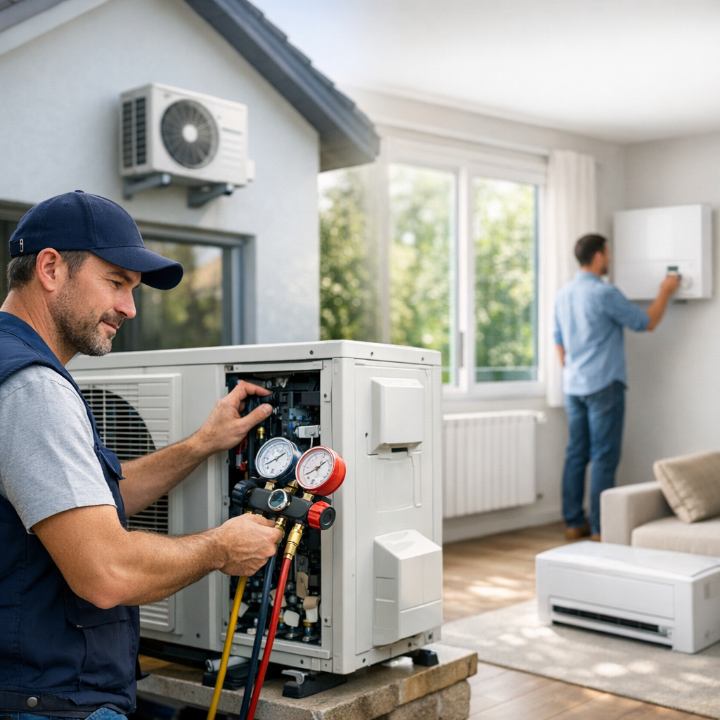 A technician works on an outdoor air conditioning unit while another person adjusts a thermostat indoors.