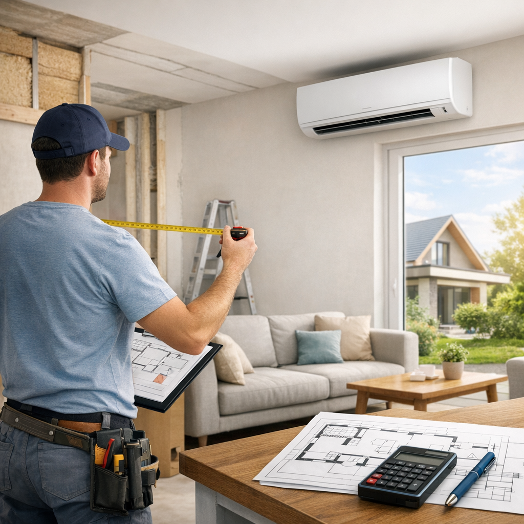 A contractor measures a wall with a tape measure while holding blueprints, with a window and a living room visible in the background.