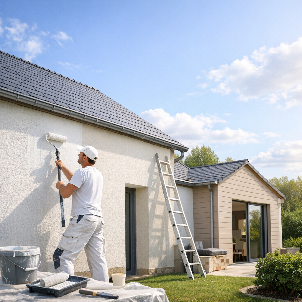 A man rolls white paint on the exterior wall of a house, with a ladder and painting supplies nearby.