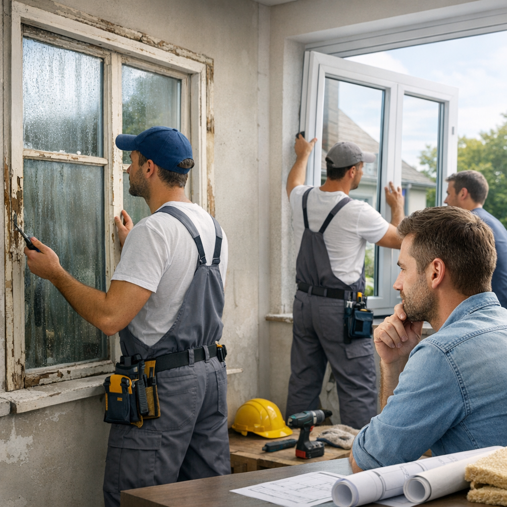 Two workers install a new window while a man sits at a table observing the process.