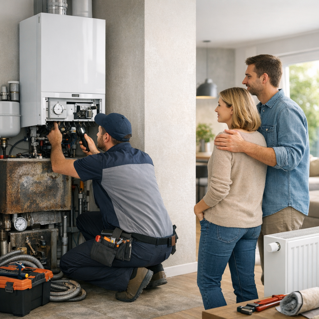 A technician in a blue uniform repairs a heating unit while a couple watches closely in a modern living space.