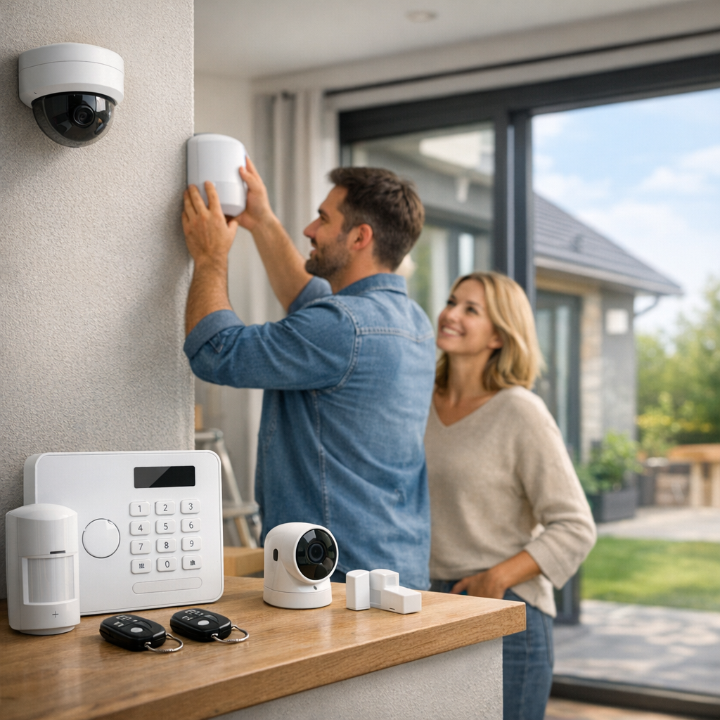 A man is installing a security device on a wall while a woman observes and smiles, with a security system display and other devices visible on a wooden countertop.