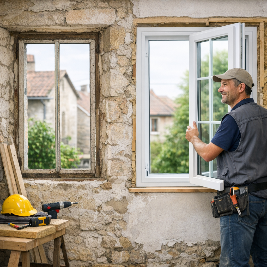 A smiling worker in a gray vest operates a new white window in a stone-walled room, with tools and a yellow hard hat visible on a wooden table beside him.