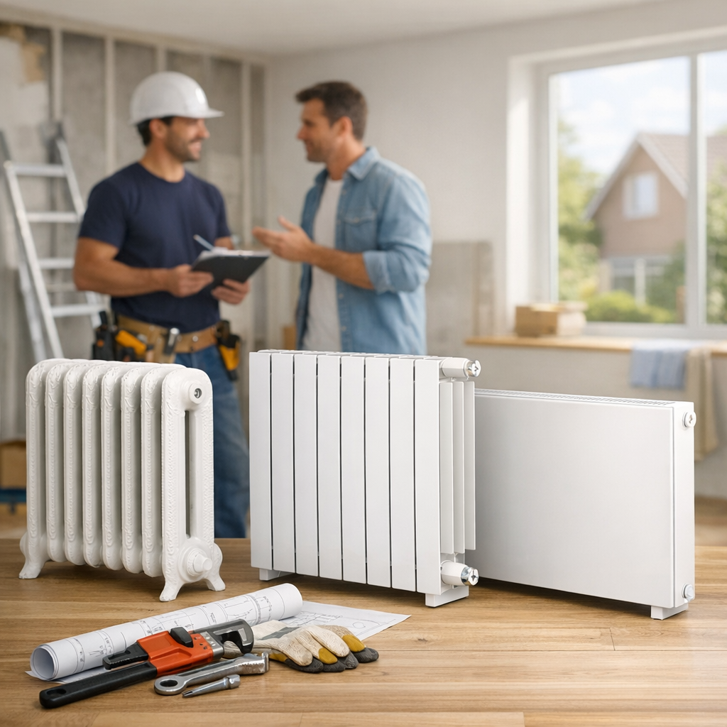 Two heating radiators and tools are on a table while two men discuss plans in a partially renovated room.