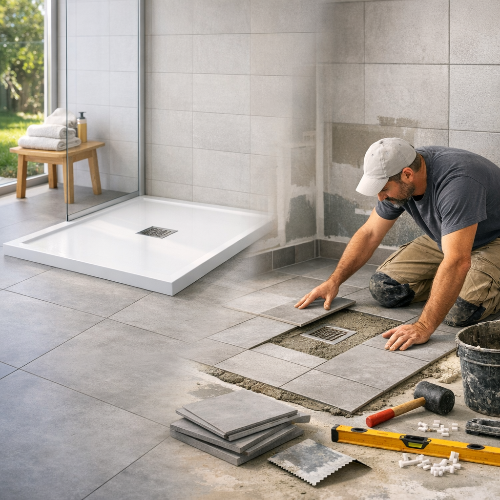 A man is tiling a bathroom floor with gray tiles near a newly installed shower base and tools scattered around.