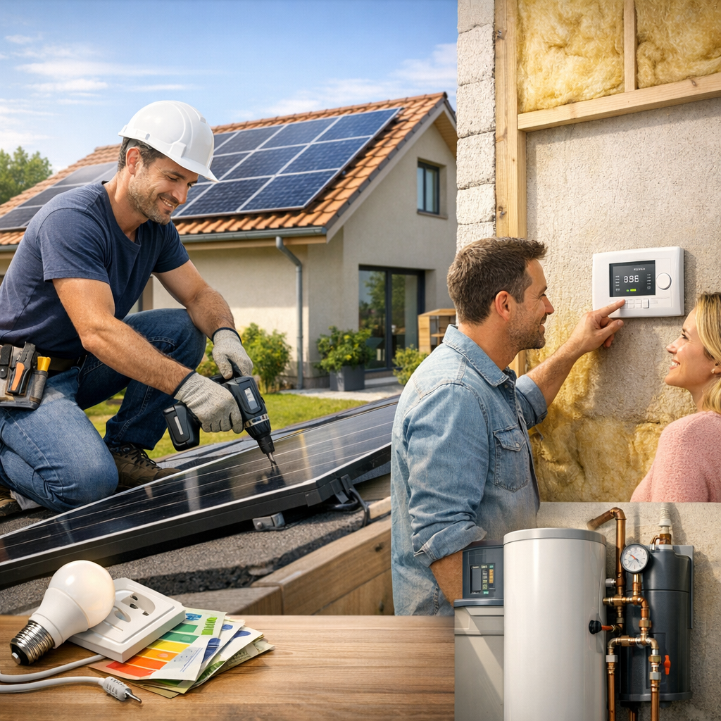 A man installs solar panels on a roof while another man and woman discuss a control panel inside a house, with a table featuring an incandescent bulb and home improvement materials.