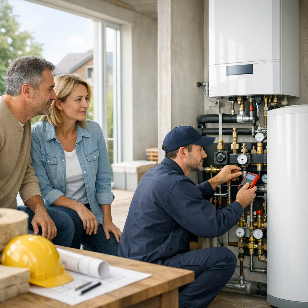 A technician in a uniform is kneeling by a heating system, checking gauges while two onlookers watch attentively.