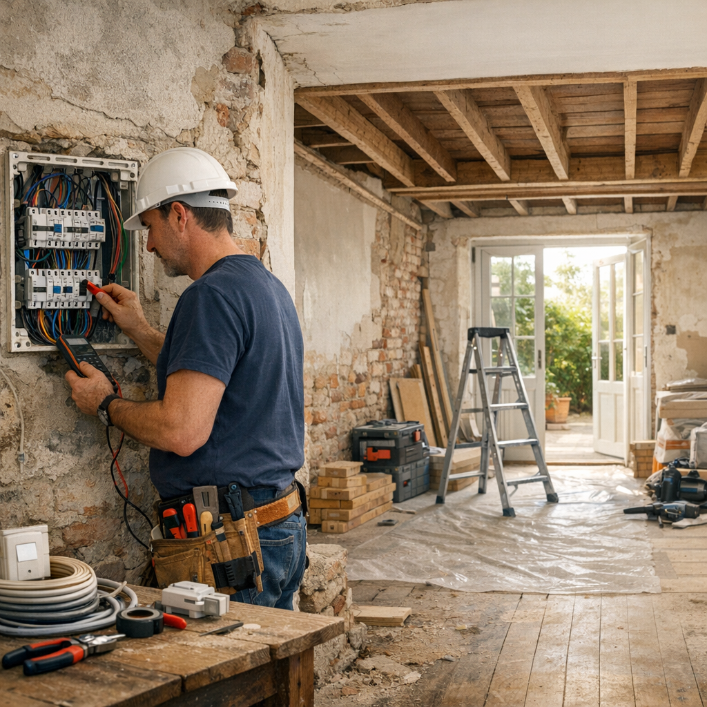 An electrician in a hard hat adjusts wiring inside an electrical panel in a partially renovated room.