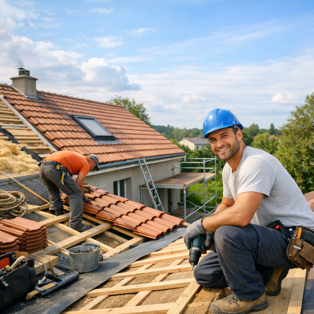 A smiling roofer in a blue hard hat kneels on a partially tiled roof while another worker installs tiles nearby.
