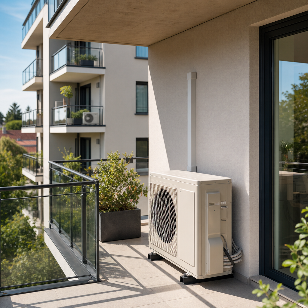 An air conditioning unit is mounted on a balcony next to a large planter, with residential buildings and greenery visible in the background.