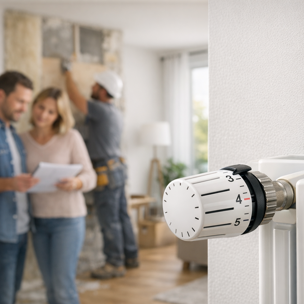 A couple examines renovation plans while a contractor works on the wall behind them, with a radiator and its thermostat in the foreground.