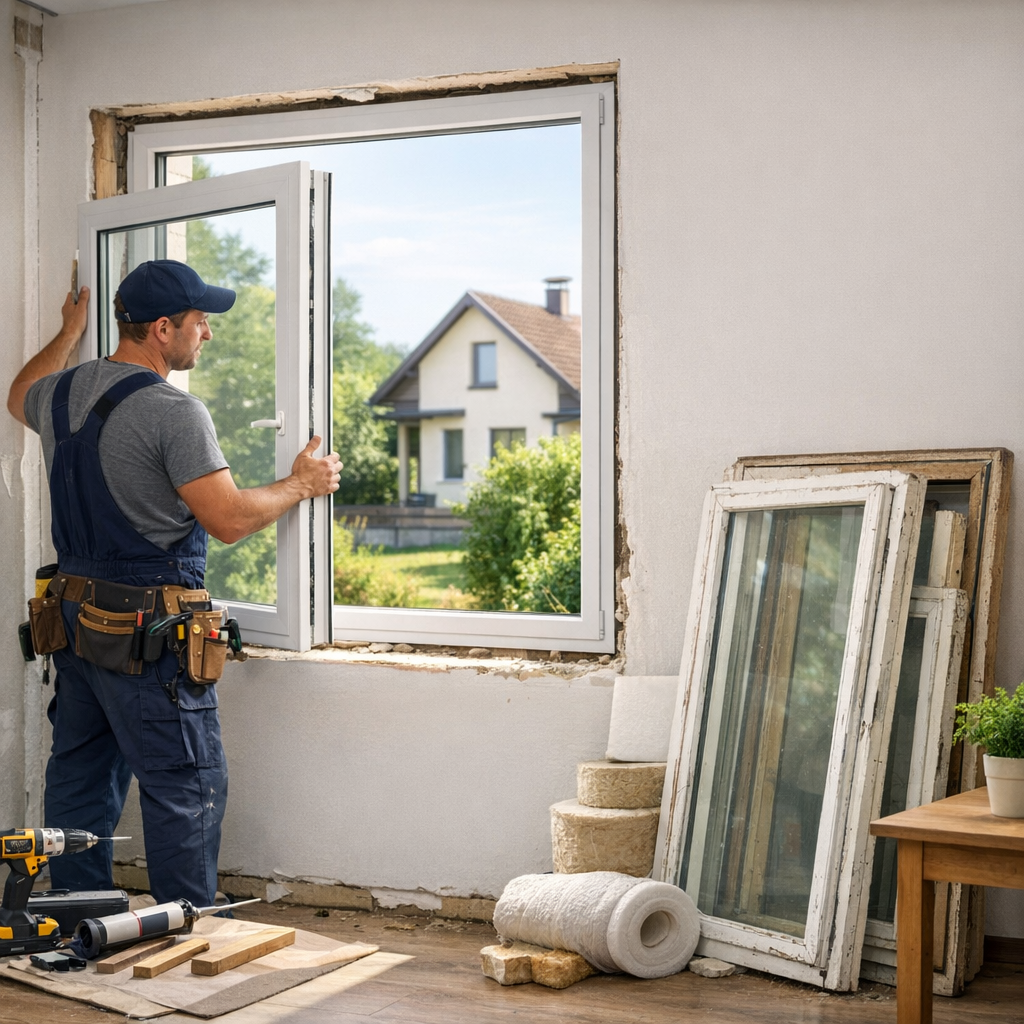 A construction worker installs a window in a partially renovated room with tools and old window frames nearby.