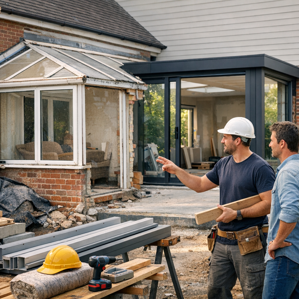 Two construction workers discuss a renovation project outside a partially completed building, with tools and materials visible.