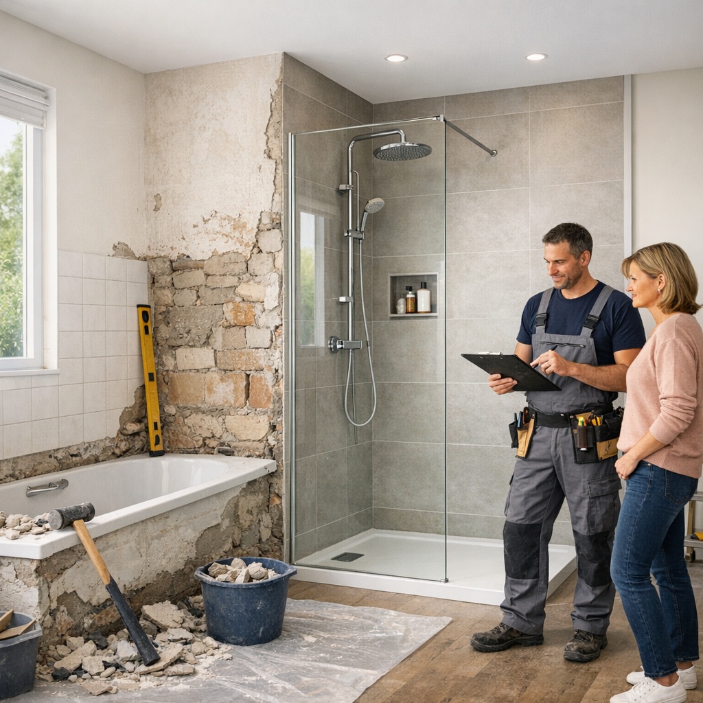 A contractor and a woman discuss a bathroom renovation, with a partially demolished wall and new shower fixture visible.