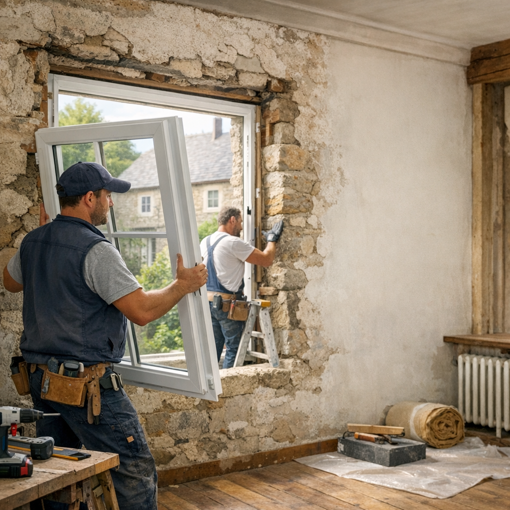 Two men are installing a window in a partially renovated room, with one holding the window frame and the other working on the opening.