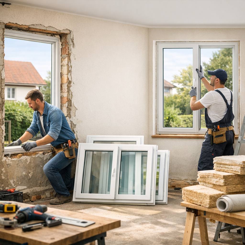 Two workers install windows in a partially renovated room, with stacked windows and tools visible in the foreground.