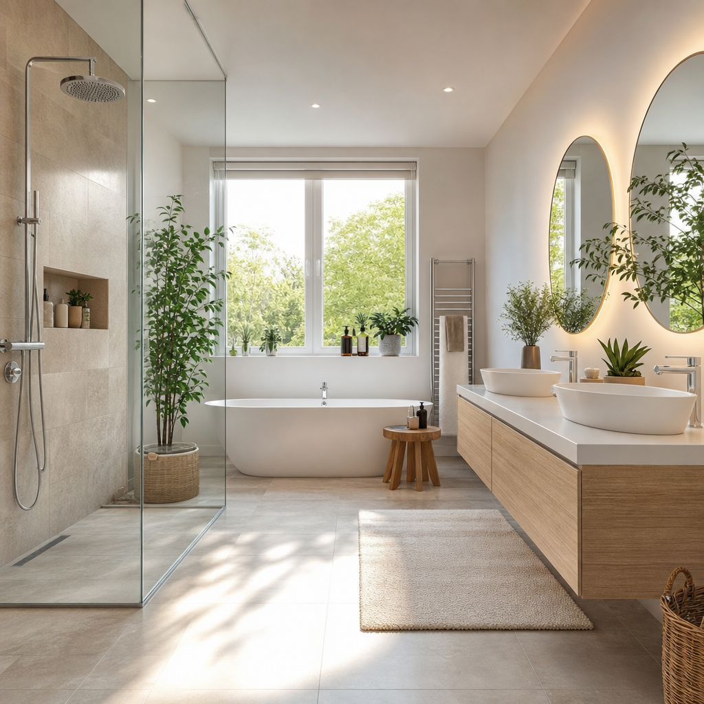A modern bathroom featuring a glass shower, freestanding bathtub, double sinks with round mirrors, and greenery near large windows.