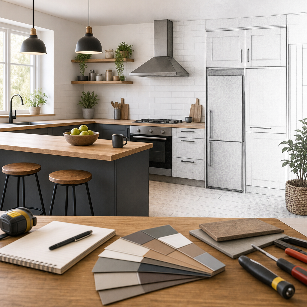 A modern kitchen featuring a wooden island with a bowl of apples, stools, a stovetop, and a variety of color swatches on the table.