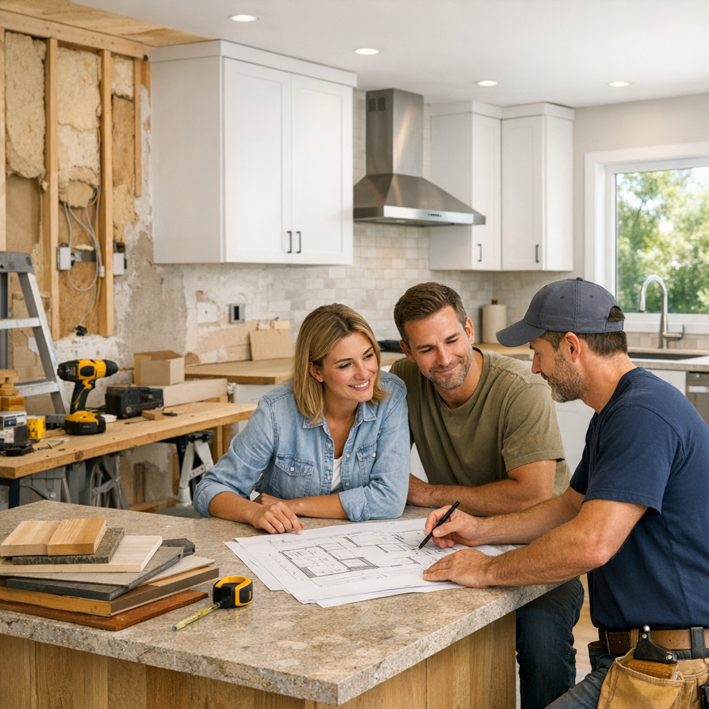 A contractor discusses renovation plans with a couple in a partially finished kitchen.