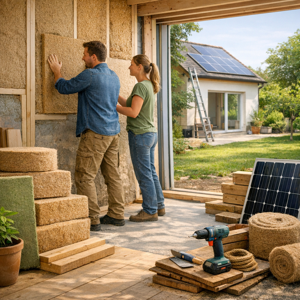 A man and woman install insulation panels on a wall within a partially constructed home, with solar panels and outdoor greenery visible in the background.