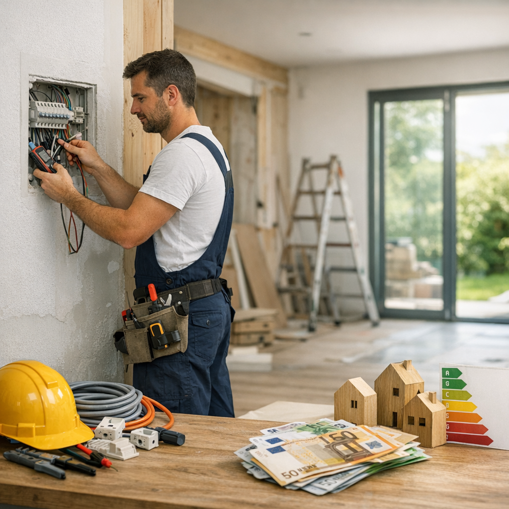 An electrician uses a multimeter to work on a circuit panel in a partially renovated room, with tools and money displayed on a wooden table.