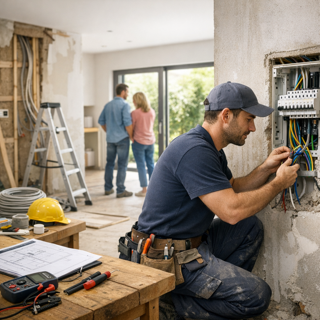 An electrician works on wiring a circuit panel while a couple discusses home renovations in the background.