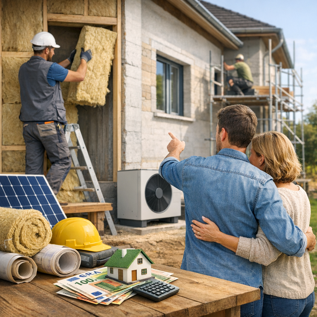A couple watches as a worker installs insulation on a home, with construction materials and a model house visible in the foreground.