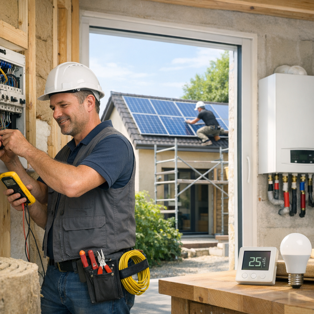 An electrician using a multimeter works on a wall-mounted electrical panel, while a person installs solar panels on a roof outside.