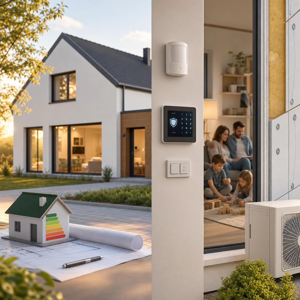 A modern home is shown with a security keypad and sensor on the wall, while a family is seen playing inside, near a model house and architectural plans outdoors.