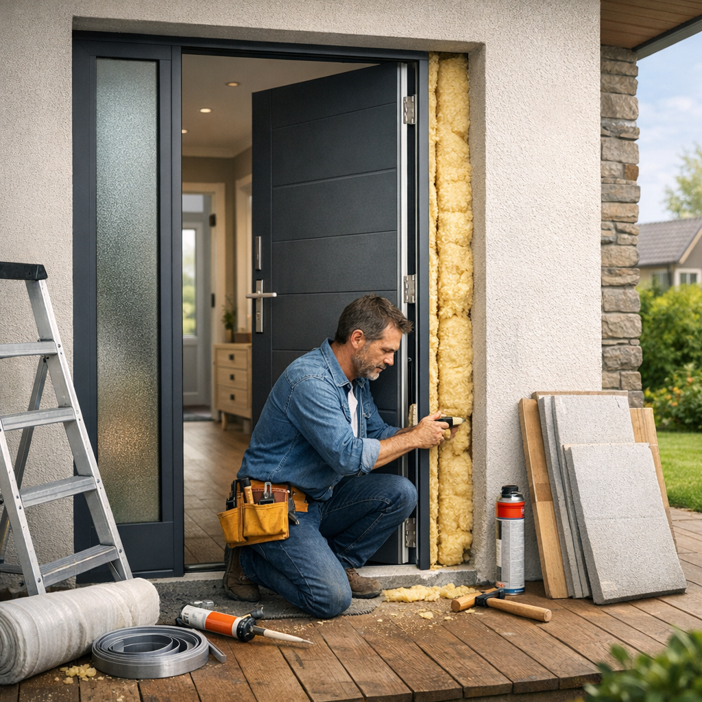 A man in a denim shirt works on insulating the doorway of a house, surrounded by tools and materials on a wooden deck.