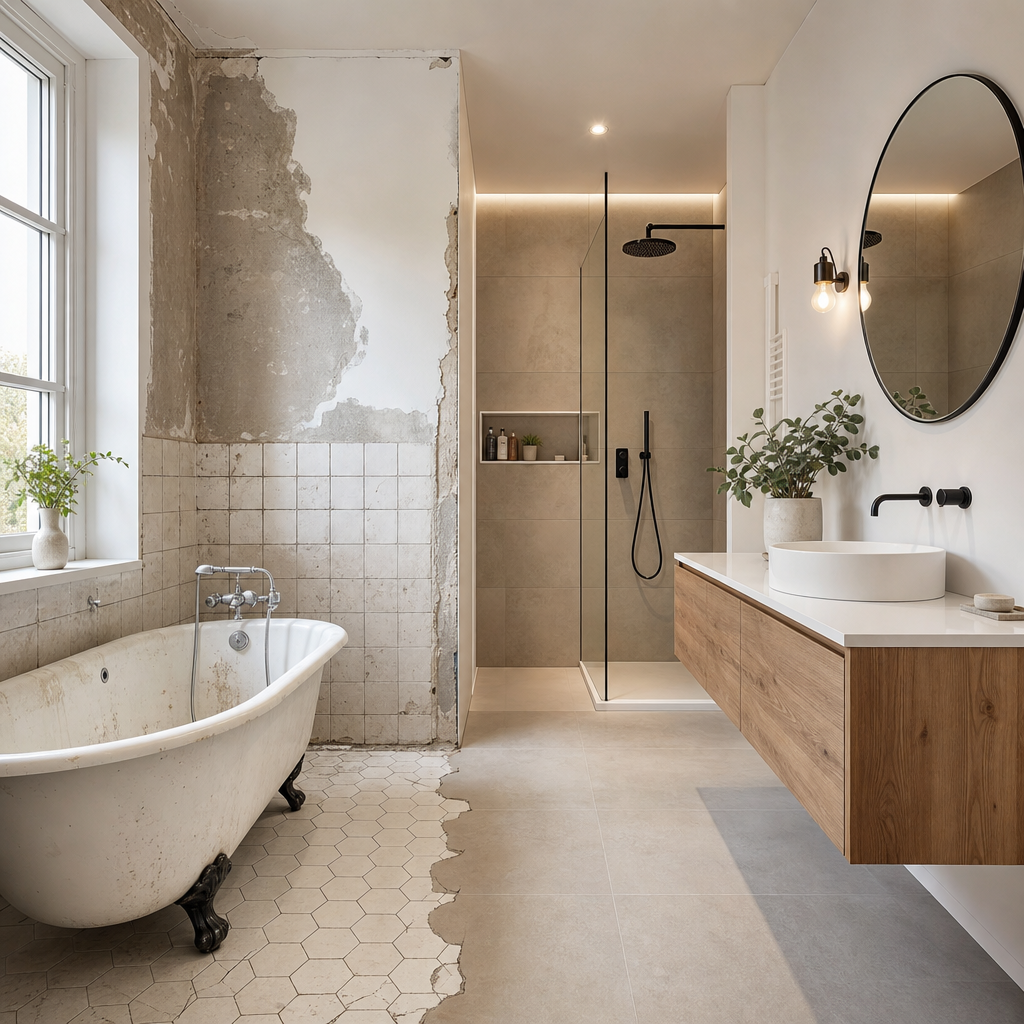 A modern bathroom featuring a freestanding bathtub, walk-in shower with glass panel, wooden vanity, and a large round mirror, alongside partially tiled walls and a window with natural light.