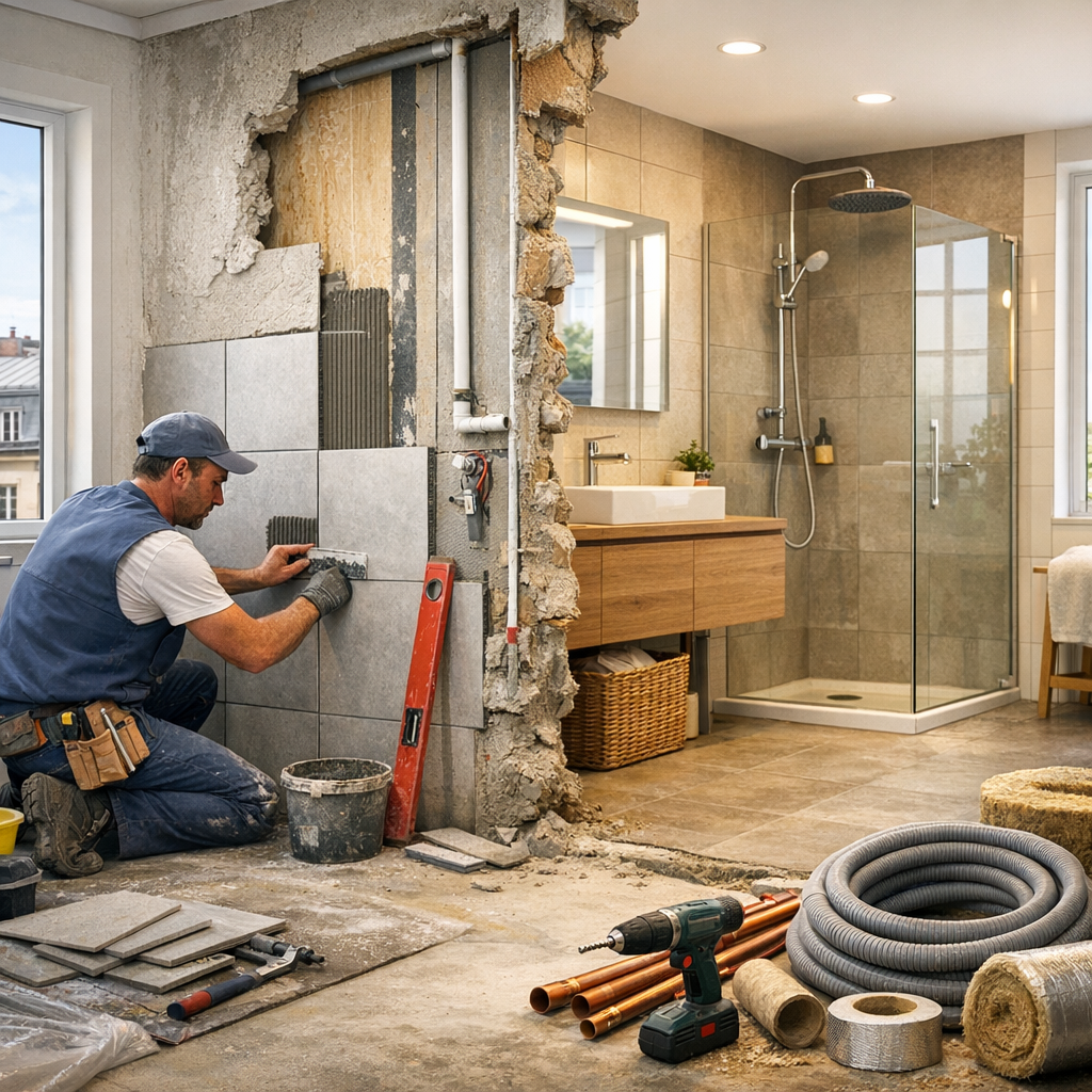 A worker is tiling a half-finished bathroom wall next to a completed bathroom area with a shower and sink.