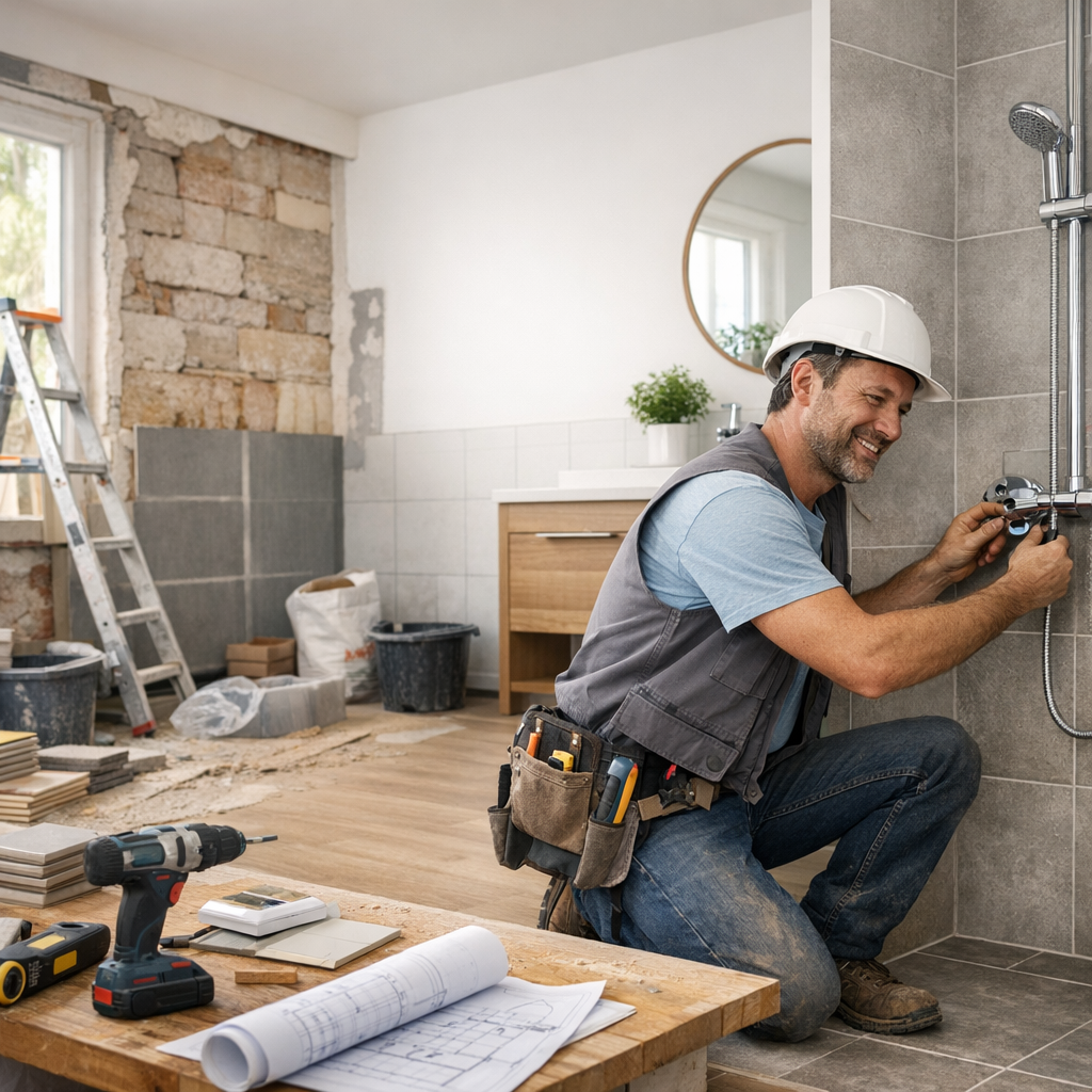 A smiling man in a hard hat kneels on the floor, working on plumbing fixtures in a partially renovated bathroom.
