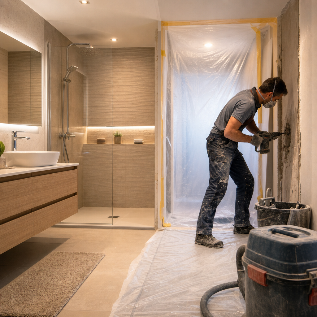 A worker in protective gear uses a power tool to remove material from a wall in a partially renovated bathroom.