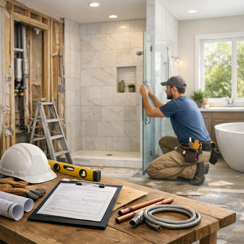 A contractor installs a glass shower door in a partially renovated bathroom, with a hard hat, tools, and plans on a wooden table nearby.