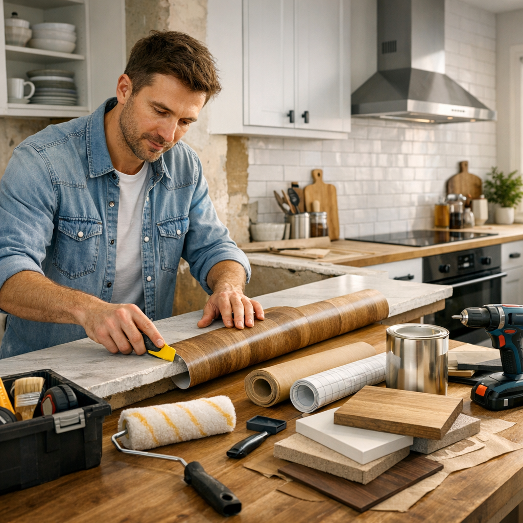 A man in a denim shirt is using a utility knife to cut decorative vinyl adhesive on a countertop surrounded by various home improvement tools and materials.