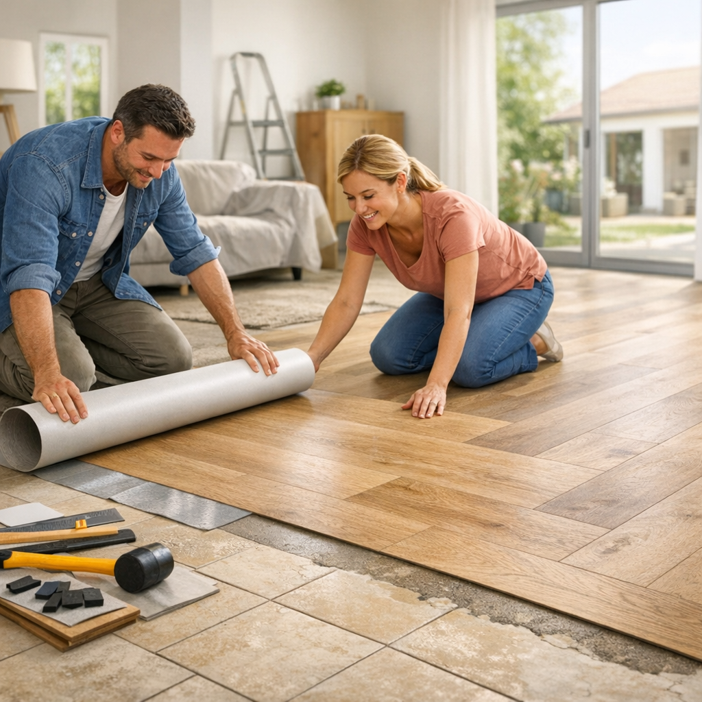 A man and a woman are kneeling on the floor, working together to roll out flooring material in a home interior.
