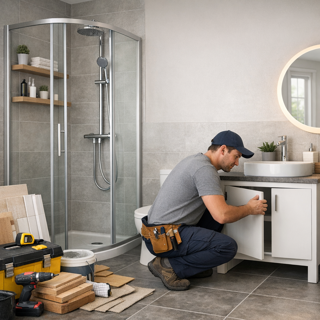 A maintenance worker kneels in a modern bathroom, inspecting a cabinet while various tools and materials are scattered nearby.
