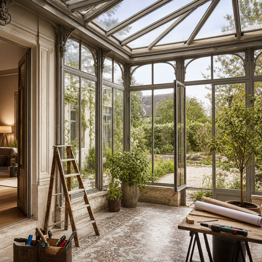 A bright, airy sunroom with large glass windows, a wooden ladder, and potted plants, opening to a verdant garden.
