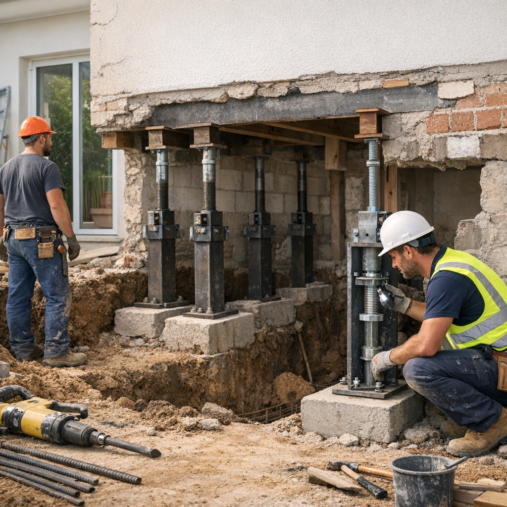Two construction workers adjusting foundation jacks under a house with exposed walls and a dirt trench.