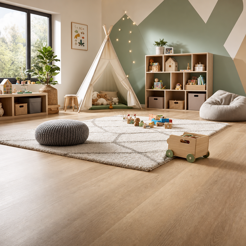 A cozy playroom featuring a teepee, plush toys, a soft rug, bookshelves with toys, and a bean bag chair.